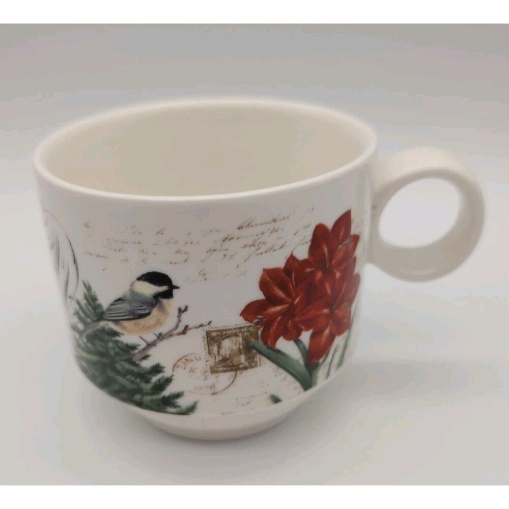 Grace Teaware Stackable Mug Winter Cheer Bird Amaryllis Chickadee Script Pine